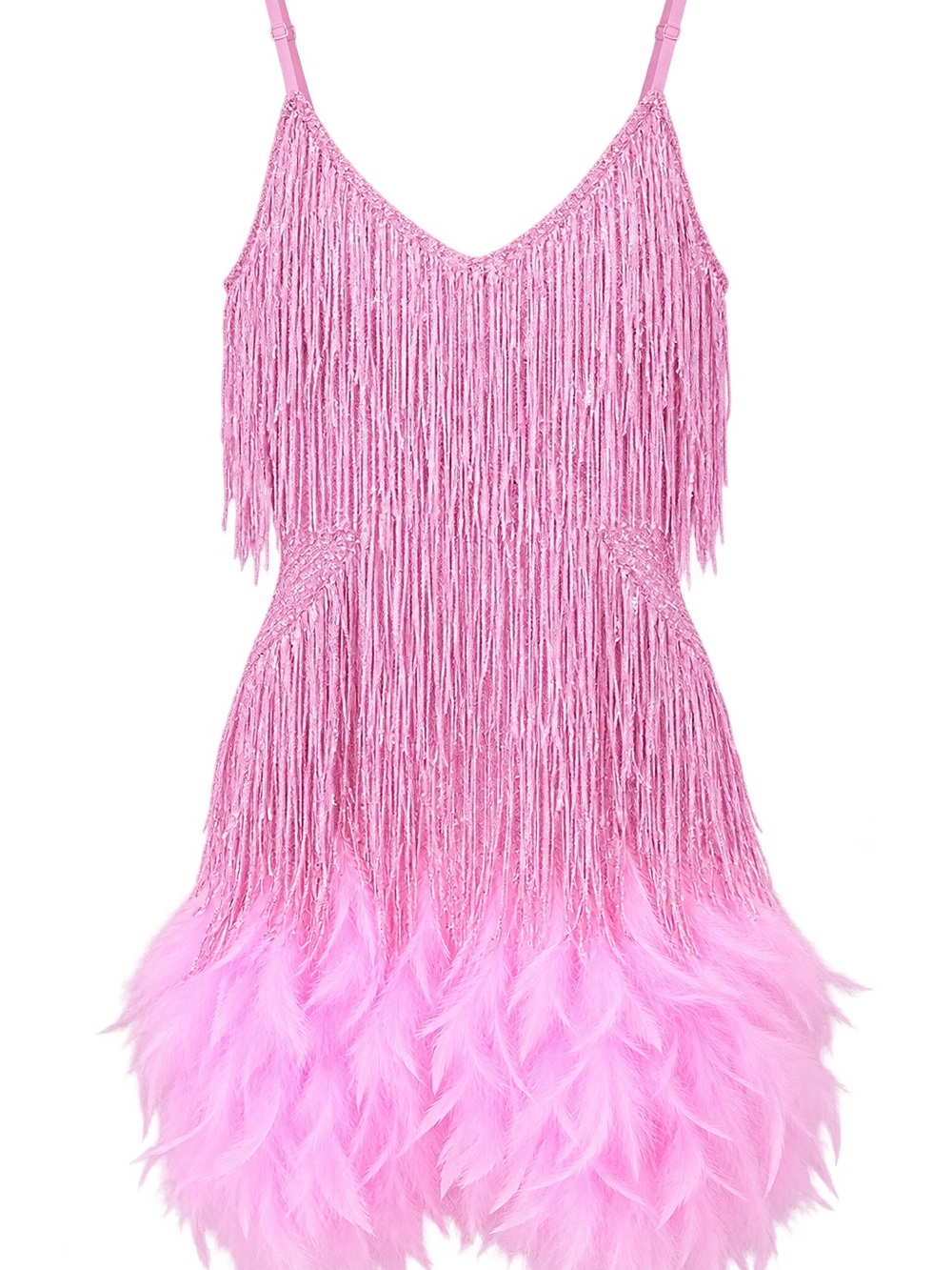 Pink Sequin Fringe Feather Mini Dress Flapper Party Cocktail Size Small